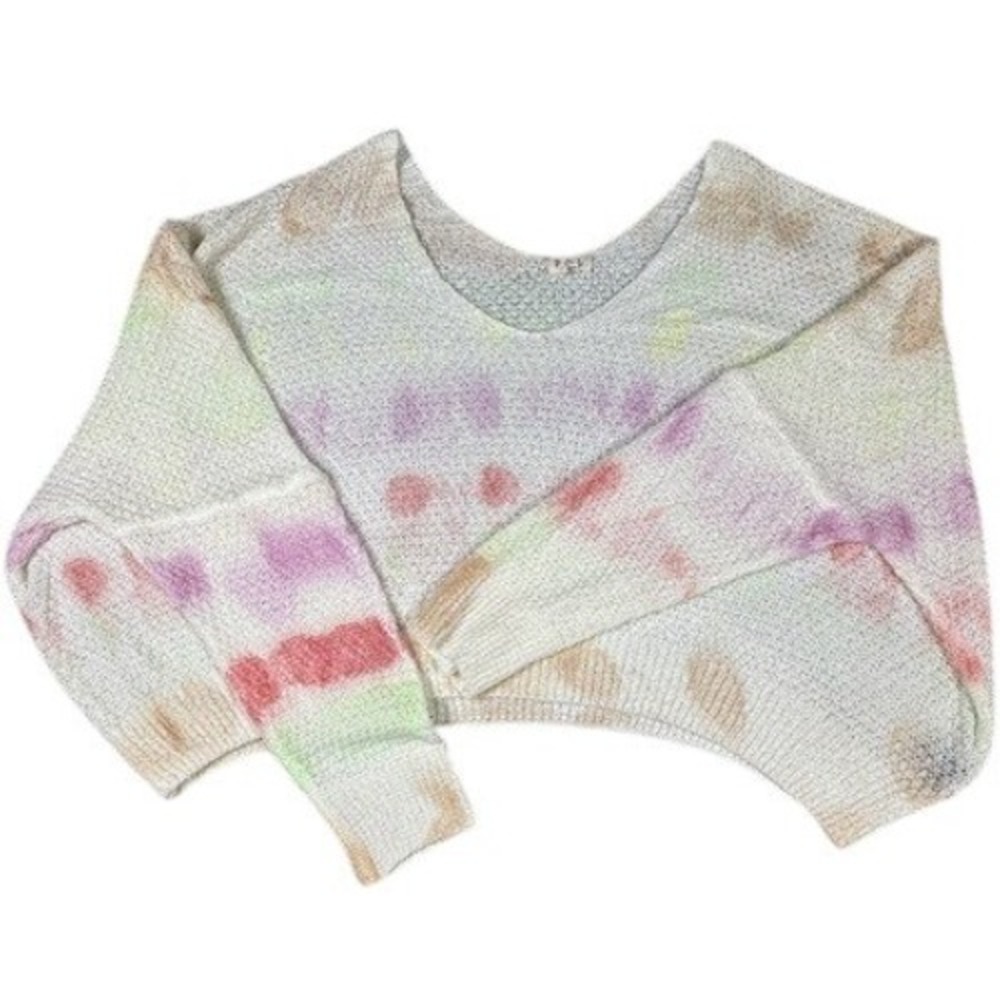 POL Sweater Womens Medium Tie Dye V-Neck Cropped Open Knit Boucle Pastel Boho